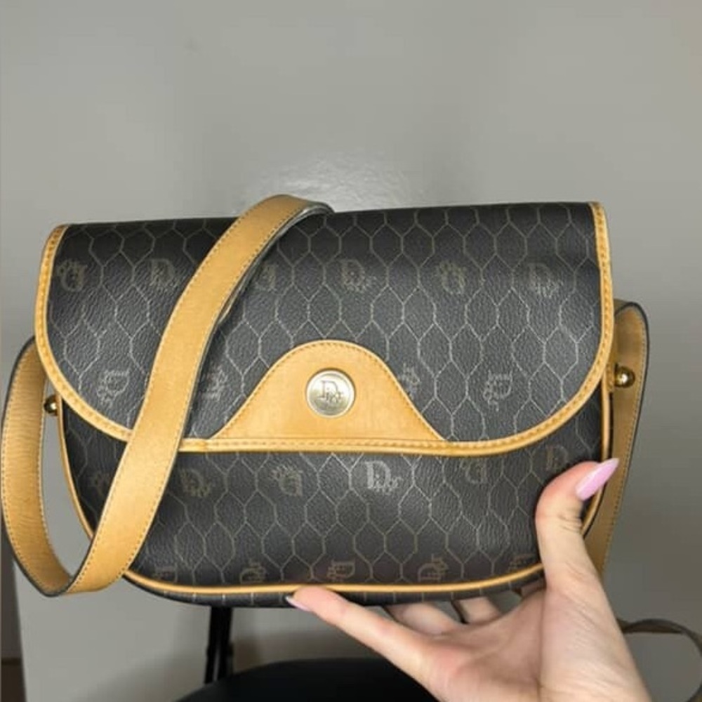 Vintage Christian Dior Monogram Crossbody Bag – Honeycomb Pattern, Brown & Tan